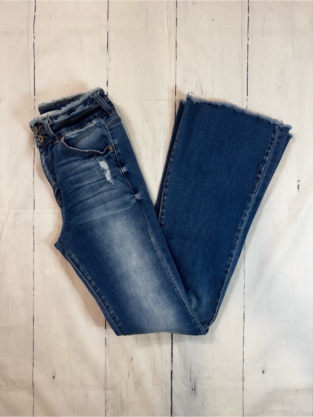 EUC KanCan Dark Wash Flare Jeans with Frayed Hem